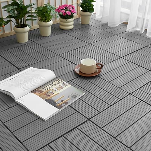 XINXINHU ウッドデッキ パネル 仕上げ ジョイント タイル 30×30×2cm 防腐 防水 滑り止め 連結 ジョイント式 縁台 屋外屋内適用 ベランダ 庭 DIY用品 ウッドタイル 工具不要 簡単設置 11枚セッ(ライトグレー)